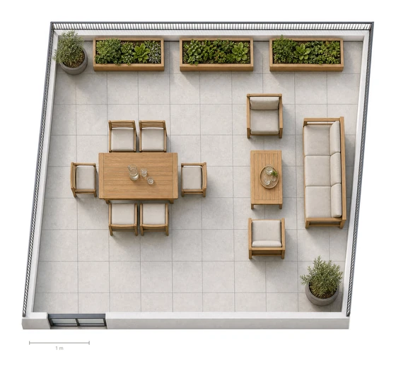 Dachterrasse im Dachgeschoss, Draufsicht, maßstabsgetreu: Plattenbelag, Geländer an drei Seiten, drei Hochbeete, Esstisch mit sechs Stühlen, Loungesofa mit zwei Sesseln und Tisch, zwei Pflanzkübel, unten links die Tür zum Treppenhaus