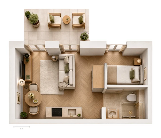Einrichtungsbeispiel Wohnung 1, Draufsicht, maßstabsgetreu