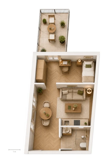 Einrichtungsbeispiel Wohnung 5, Draufsicht, maßstabsgetreu