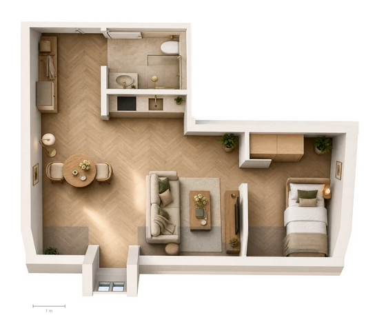 Einrichtungsbeispiel Wohnung 10, Draufsicht, maßstabsgetreu