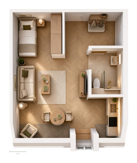 Einrichtungsbeispiel Wohnung 11, Draufsicht, maßstabsgetreu